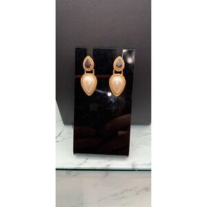 Vintage Monet Gold Tone Enamel And Faux Teardrop Pearl Dangle Pierced Earrings